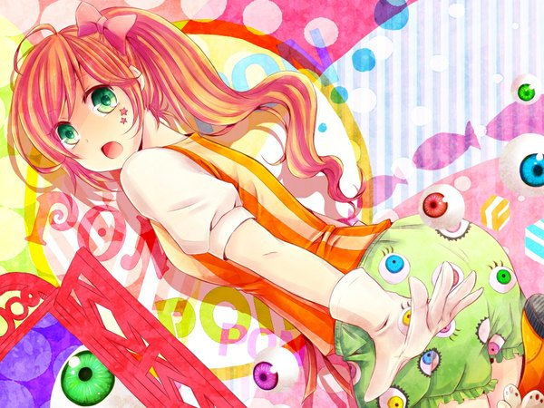 Anime picture 1024x768 with ponponpon vocaloid megurine luka seiya (artist) single long hair fringe open mouth green eyes pink hair eyes girl gloves bow hair bow star (symbol) fish (fishes) eyeball