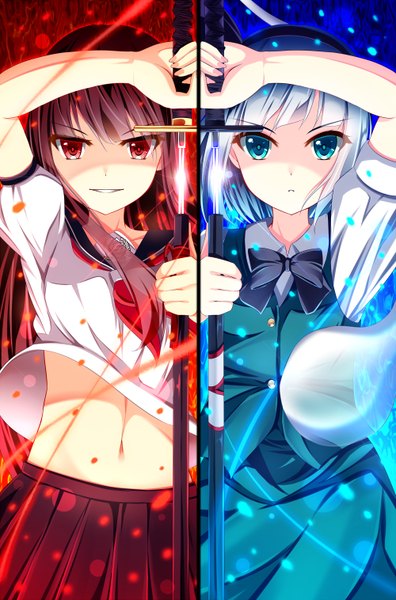 Anime picture 1000x1516 with touhou sound voltex konpaku youmu kureha (sound voltex) akine (kuroyuri) long hair tall image looking at viewer fringe blue eyes black hair smile red eyes multiple girls white hair pleated skirt crossover crazy smile girl dress