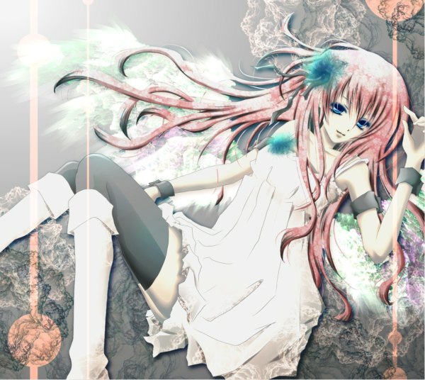 Anime picture 1200x1072 with vocaloid megurine luka aonoe single long hair looking at viewer blue eyes smile pink hair lying hair flower girl thighhighs dress hair ornament flower (flowers) black thighhighs bracelet white dress feather (feathers)
