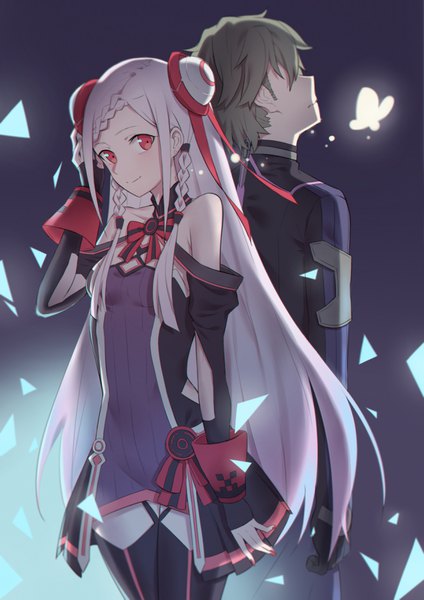 Anime picture 2480x3507 with sword art online sword art online the movie: ordinal scale a-1 pictures yuna (sao) eiji (sword art online) yunzhi long hair tall image looking at viewer blush highres short hair smile red eyes brown hair silver hair braid (braids) back to back crossed legs (standing) girl