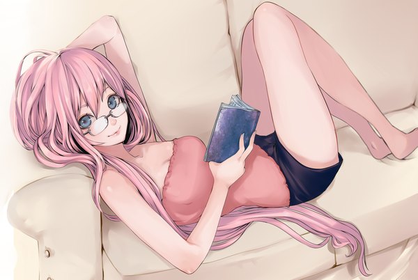 Anime picture 2054x1379 with vocaloid megurine luka settyaro long hair highres blue eyes smile pink hair barefoot girl glasses book (books) couch