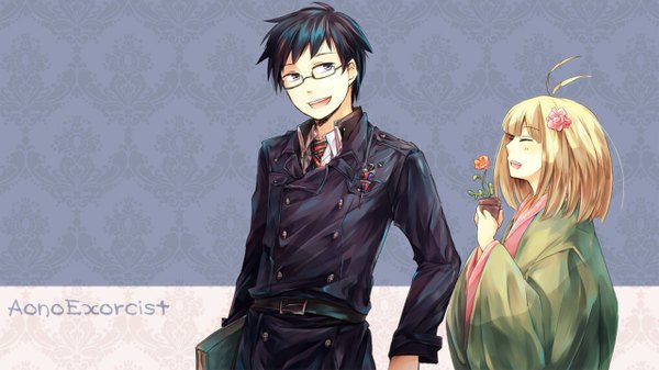 Anime picture 1280x720 with ao no exorcist a-1 pictures okumura yukio moriyama shiemi blush short hair open mouth blue eyes black hair blonde hair simple background wide image eyes closed traditional clothes hair flower inscription girl boy hair ornament flower (flowers)