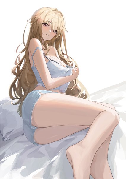 Anime picture 2150x3036 with original melonbooks smile2007h single long hair tall image looking at viewer blush highres breasts light erotic simple background blonde hair large breasts white background sitting brown eyes cleavage bent knee (knees) ass