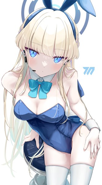 Anime picture 1107x2000 with blue archive toki (blue archive) toki (bunny) (blue archive) masshirokachi single long hair tall image looking at viewer fringe breasts blue eyes light erotic simple background blonde hair white background animal ears cleavage tail blunt bangs animal tail