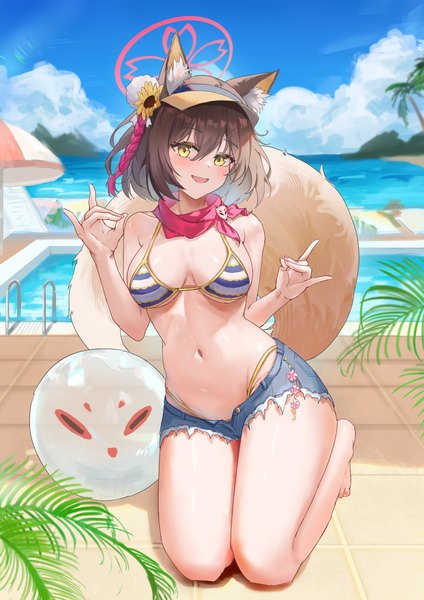 Anime picture 2480x3508 with blue archive izuna (blue archive) izuna (swimsuit) (blue archive) yun menwu single tall image looking at viewer blush fringe highres short hair breasts open mouth light erotic smile hair between eyes brown hair animal ears yellow eyes sky