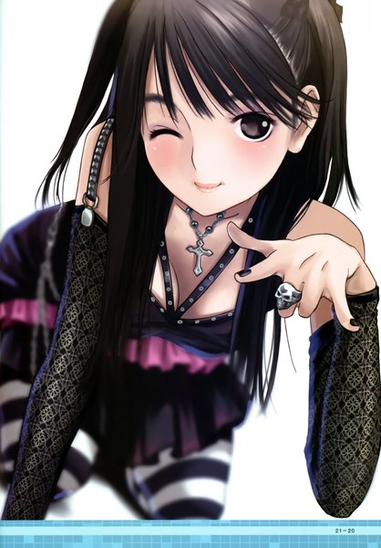 Anime picture 3143x4516 with love plus takane manaka mino tarou single long hair tall image looking at viewer highres breasts light erotic black hair smile white background absurdres cleavage nail polish one eye closed black eyes scan two side up