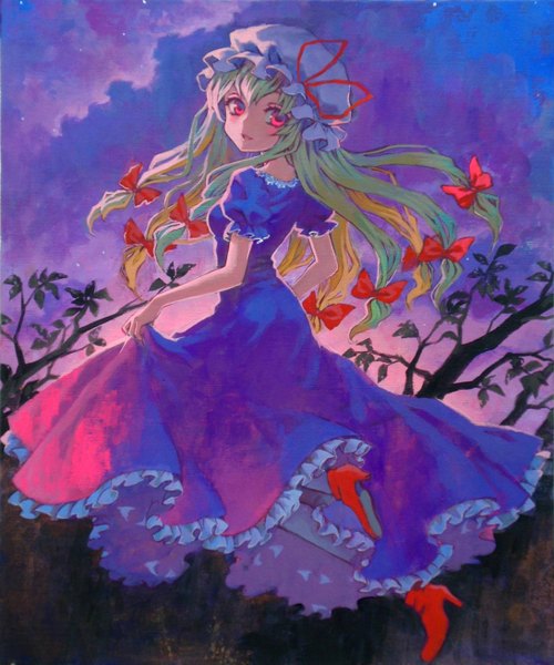 Anime picture 1092x1309 with touhou yakumo yukari ama-tou single long hair tall image blush blonde hair pink hair sky cloud (clouds) looking back frilled dress girl dress bow plant (plants) hair bow tree (trees) frills