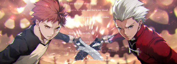 Anime picture 2000x727 with fate (series) fate/stay night archer (fate) emiya shirou yoshio (55level) highres short hair red eyes wide image purple eyes yellow eyes silver hair multiple boys text english crossed swords boy weapon sword 2 boys