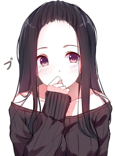 Anime picture 616x830 with original caidychen single long hair tall image blush black hair simple background white background purple eyes bare shoulders looking away girl sweater teardrop