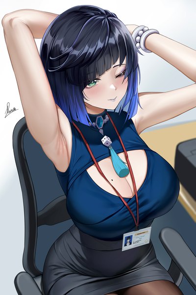 Anime picture 1333x2000 with genshin impact yelan (genshin impact) piukute062 single tall image blush fringe short hair breasts light erotic simple background large breasts sitting signed blue hair looking away cleavage blunt bangs one eye closed aqua eyes
