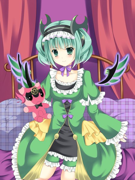 Anime picture 1000x1330 with puzzle & dragons kurusu ren single tall image looking at viewer blush short hair smile green eyes horn (horns) green hair girl dress bow wings frills headdress toy stuffed animal