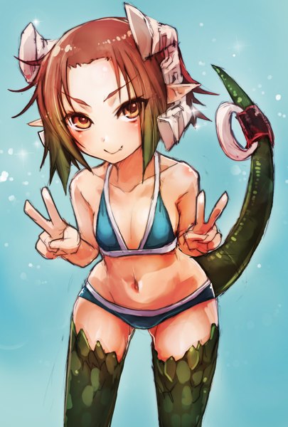 Anime picture 1149x1700 with original taishi (picchiridou) single tall image short hair light erotic smile brown hair bare shoulders brown eyes tail multicolored hair horn (horns) green hair teeth fang (fangs) victory monster girl dragon girl girl