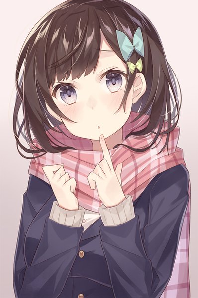 Anime picture 808x1218 with original nagitoki single long hair tall image looking at viewer blush fringe simple background brown hair purple eyes upper body head tilt :o finger to mouth girl uniform hair ornament school uniform scarf