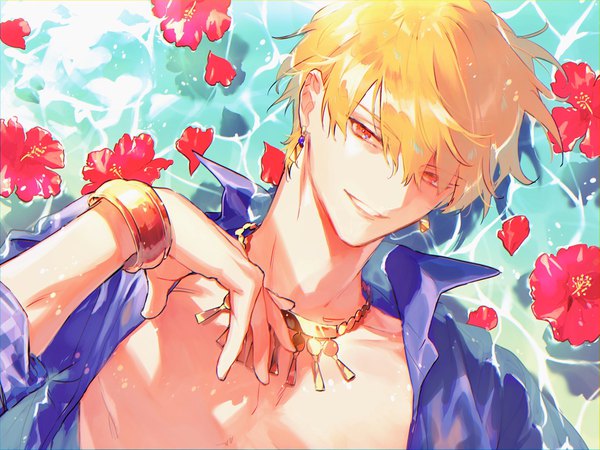 Anime picture 2048x1536 with fate (series) fate/grand order gilgamesh (fate) gilgamesh (caster) (fate) bikkusama single looking at viewer fringe highres short hair blonde hair smile hair between eyes red eyes upper body open shirt grin partially submerged establishment (fate/grand order) boy