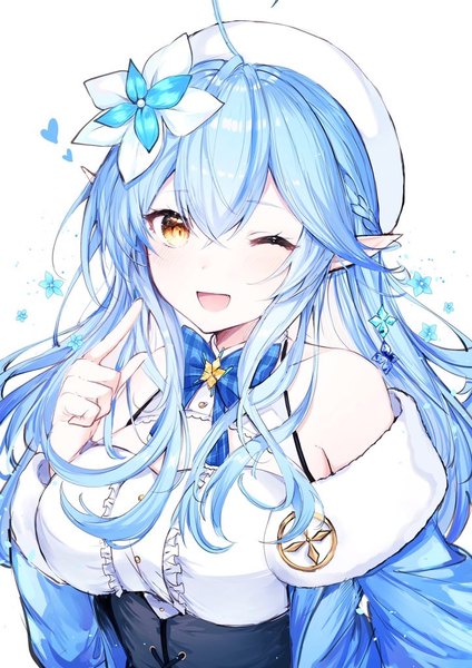 Anime picture 724x1024 with virtual youtuber hololive yukihana lamy yukihana lamy (1st costume) noyu (noyu23386566) single long hair tall image looking at viewer fringe open mouth simple background hair between eyes white background yellow eyes blue hair upper body ahoge hair flower pointy ears