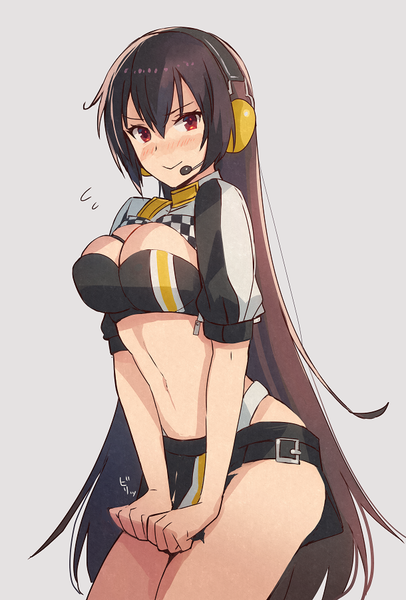 Anime picture 610x900 with kantai collection nagato battleship kasumi (skchkko) single long hair tall image looking at viewer blush fringe breasts light erotic black hair simple background smile hair between eyes red eyes large breasts cleavage head tilt grey background