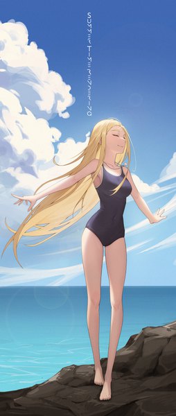 Anime picture 2541x6000 with summertime render kofune ushio kz d single long hair tall image highres blonde hair smile sky cloud (clouds) full body outdoors eyes closed barefoot wind bare legs copyright name spread arms horizon