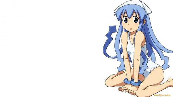 Anime picture 1366x768 with shinryaku! ika musume ika musume single long hair open mouth blue eyes simple background wide image white background sitting blue hair barefoot loli tentacle hair girl swimsuit hat bracelet tentacles
