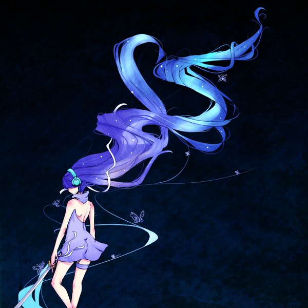 Anime picture 1500x1500 with original sweetiemoon single long hair bare shoulders purple hair dark background girl dress ribbon (ribbons) weapon hair ribbon sword headphones insect butterfly