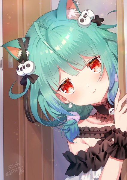 Anime picture 707x1000 with virtual youtuber hololive uruha rushia uruha rushia (3rd costume) okanoyuno single tall image looking at viewer short hair smile red eyes twintails signed animal ears ahoge green hair cat ears low twintails short twintails cute