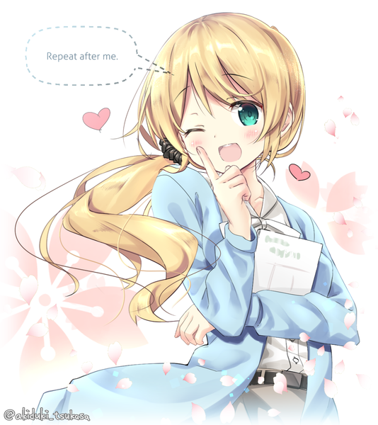Anime picture 1158x1299 with new horizon ellen baker akitsuki tsukasa single long hair tall image fringe open mouth blonde hair green eyes signed one eye closed wink text cherry blossoms side ponytail english girl petals heart