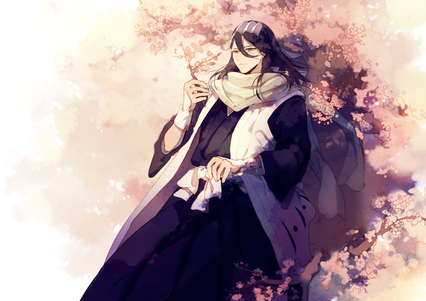 Anime picture 1500x1060 with bleach studio pierrot kuchiki byakuya xi yuu single long hair fringe black hair hair between eyes looking away traditional clothes japanese clothes black eyes cherry blossoms boy hair ornament scarf branch hakama