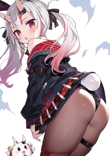 Anime picture 1637x2317 with virtual youtuber hololive nakiri ayame ayaoshiro single long hair tall image looking at viewer blush open mouth light erotic red eyes standing twintails bare shoulders animal ears payot silver hair ass tail