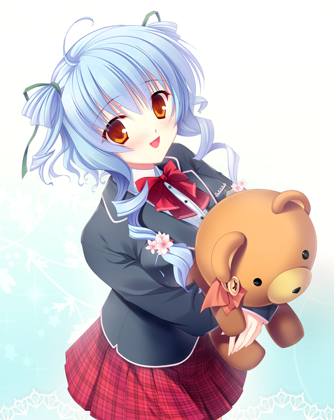 Anime picture 1432x1800 with original futaori arisa tall image short hair simple background blue hair orange eyes girl toy stuffed animal