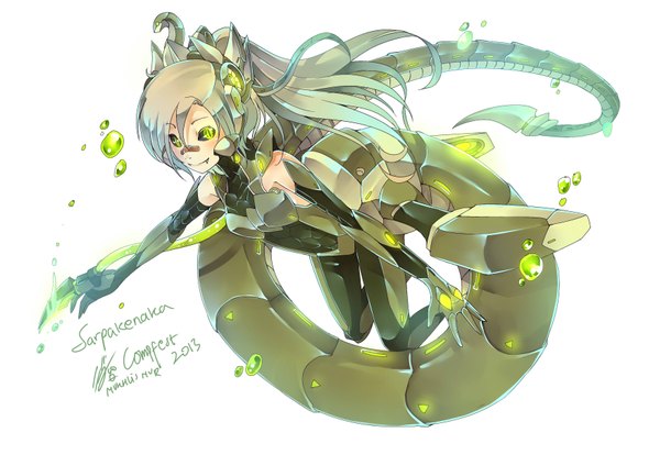 Anime picture 3507x2480 with original sinlaire single long hair looking at viewer highres simple background white background bare shoulders green eyes absurdres tail grey hair inscription teeth fang (fangs) bandaid on nose snake tail girl gloves