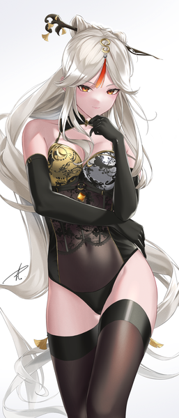 Anime picture 1500x3508 with genshin impact ningguang (genshin impact) yabacha single tall image looking at viewer blush fringe breasts light erotic simple background standing white background signed silver hair very long hair orange eyes covered navel girl thighhighs