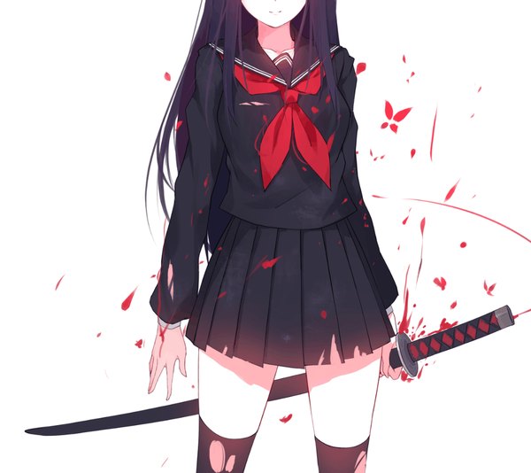 Anime picture 1023x911 with original sin (caidychen) caidychen single long hair blush simple background standing white background holding purple hair pleated skirt light smile shadow midriff torn clothes pale skin arm behind back head out of frame sheathed
