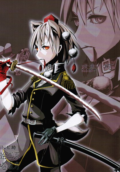 Anime picture 2088x2996 with touhou inubashiri momiji bisuke (k step2009) single tall image highres short hair red eyes white hair tail mouth hold hieroglyph monochrome zoom layer wolf ears wolf tail wolf girl girl uniform weapon