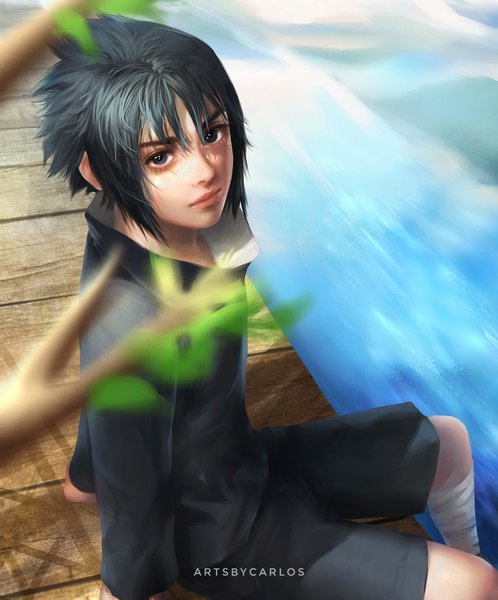 Anime picture 1221x1472 with naruto studio pierrot naruto (series) uchiha sasuke carlos miguel single tall image looking at viewer fringe short hair black hair hair between eyes sitting signed outdoors from above black eyes blurry realistic arm support