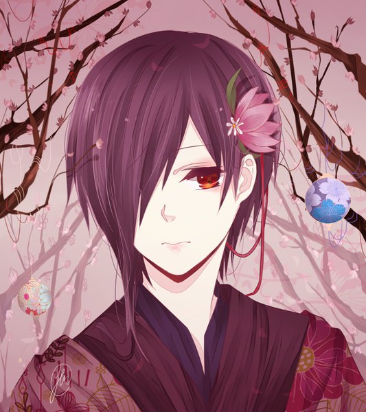 Anime picture 800x900 with tokyo ghoul studio pierrot kirishima touka na yeon single tall image looking at viewer fringe short hair red eyes signed purple hair upper body traditional clothes japanese clothes hair flower hair over one eye floral print portrait girl
