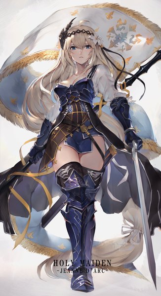Anime picture 1099x2019 with granblue fantasy jeanne d'arc (granblue fantasy) watao single long hair tall image looking at viewer blush fringe breasts blue eyes light erotic simple background blonde hair hair between eyes standing white background holding payot cleavage