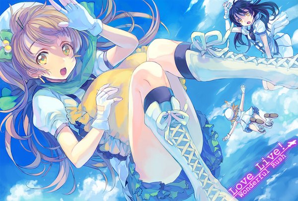 Anime picture 1110x750 with love live! school idol project sunrise (studio) love live! minami kotori sonoda umi kousaka honoka ame yamori long hair looking at viewer open mouth black hair brown hair multiple girls yellow eyes sky cloud (clouds) one side up flying girl dress