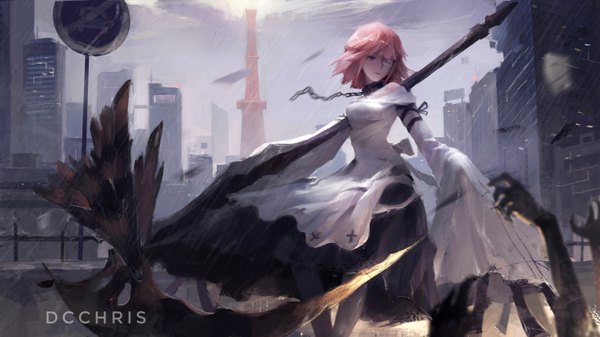 Anime picture 6000x3375 with forever 7th capital yumi (forever 7th capital) dcchris fringe highres short hair wide image standing purple eyes holding looking away pink hair absurdres cloud (clouds) outdoors long sleeves realistic wide sleeves city rain
