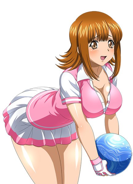 Anime picture 600x831 with ikkitousen single tall image looking at viewer blush short hair breasts open mouth light erotic simple background white background brown eyes girl skirt miniskirt
