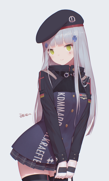 Anime-Bild 982x1621 mit girls frontline hk416 (girls frontline) maredoro single long hair tall image looking at viewer blush fringe simple background smile standing green eyes payot silver hair blunt bangs long sleeves pleated skirt grey background zettai ryouiki
