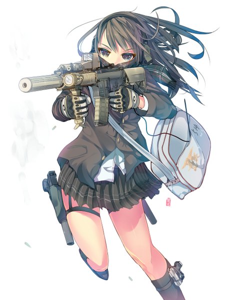 Anime picture 997x1300 with original daito (daito369) single long hair tall image blue eyes black hair simple background white background looking away pleated skirt smoke casing ejection girl skirt gloves uniform hair ornament weapon school uniform