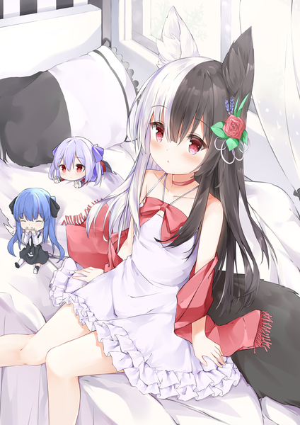 Anime picture 2480x3508 with virtual youtuber alice mana channel paryi project overidea alice mana cierra runis ena (paryi project) fuyuki030 long hair tall image blush fringe highres open mouth black hair hair between eyes red eyes sitting twintails bare shoulders