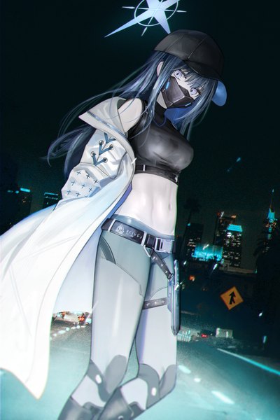 Anime picture 1776x2664 with blue archive saori (blue archive) flippy (cripine111) single long hair tall image looking at viewer fringe highres breasts black hair standing outdoors blunt bangs off shoulder night midriff night sky city cityscape