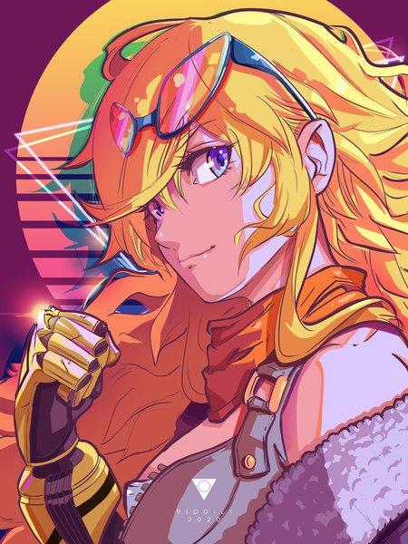 Anime picture 2700x3600 with rwby rooster teeth yang xiao long ridd-li single long hair tall image looking at viewer fringe highres blue eyes blonde hair payot light smile mechanical arms glasses on head girl glasses neckerchief fist