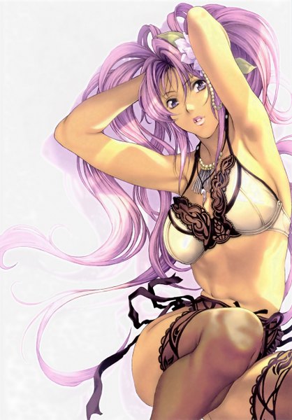 Anime picture 3496x5020 with original homare (fool's art) single long hair tall image fringe highres breasts light erotic large breasts white background purple eyes bare shoulders absurdres purple hair bent knee (knees) arm up hair flower lips armpit (armpits)