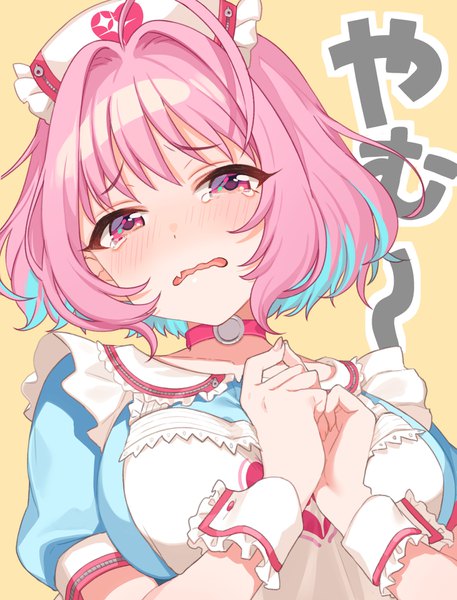 Anime picture 1371x1800 with idolmaster idolmaster cinderella girls yumemi riamu shigure ui single tall image looking at viewer blush fringe short hair breasts open mouth simple background pink hair ahoge upper body pink eyes multicolored hair two-tone hair puffy sleeves