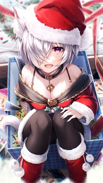 Anime picture 2700x4800 with original kuon (hasumi (hasubatake39)) hasumi (hasubatake39) single tall image looking at viewer fringe highres short hair breasts open mouth light erotic animal ears cleavage silver hair :d pink eyes from above hair over one eye christmas