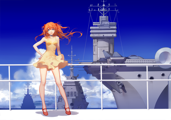 Anime picture 1500x1053 with neon genesis evangelion gainax soryu asuka langley ask (askzy) single long hair looking at viewer blue eyes sky cloud (clouds) full body orange hair hand on hip girl hair ornament sundress fence watercraft ship