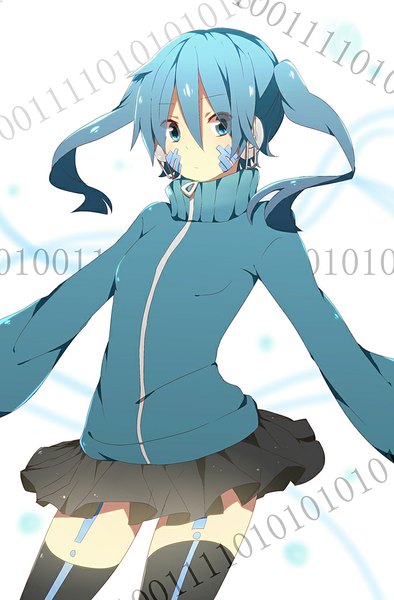 Anime picture 674x1026 with kagerou project shaft (studio) ene (kagerou project) harusawa single long hair tall image looking at viewer blue eyes twintails blue hair long sleeves girl thighhighs skirt black thighhighs miniskirt
