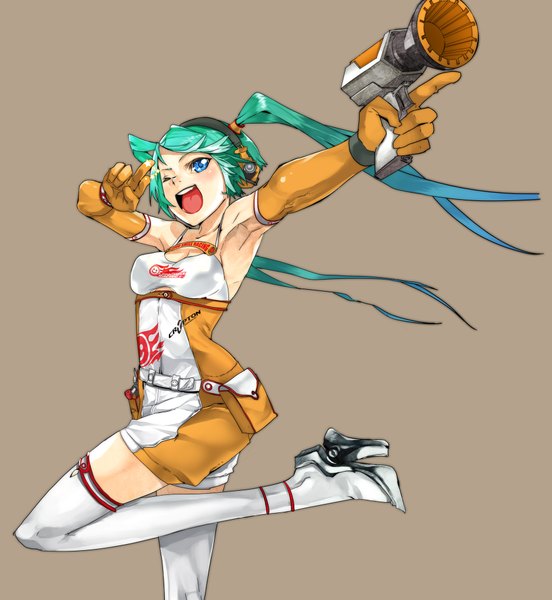 Anime picture 1842x2000 with vocaloid goodsmile racing goodsmile company hatsune miku racing miku racing miku (2010) laio single long hair tall image highres open mouth blue eyes simple background twintails one eye closed wink aqua hair armpit (armpits) brown background