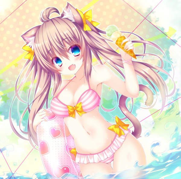 Anime picture 1215x1200 with original ojitcha single long hair looking at viewer fringe breasts open mouth blue eyes light erotic hair between eyes brown hair standing twintails animal ears ahoge tail animal tail cat ears armpit (armpits)